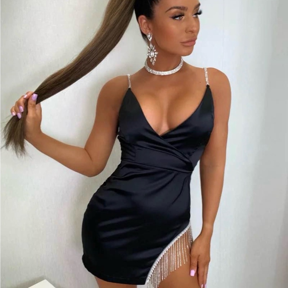 Dressmezee Elegant Black Satin Dress with Rhinestone Details